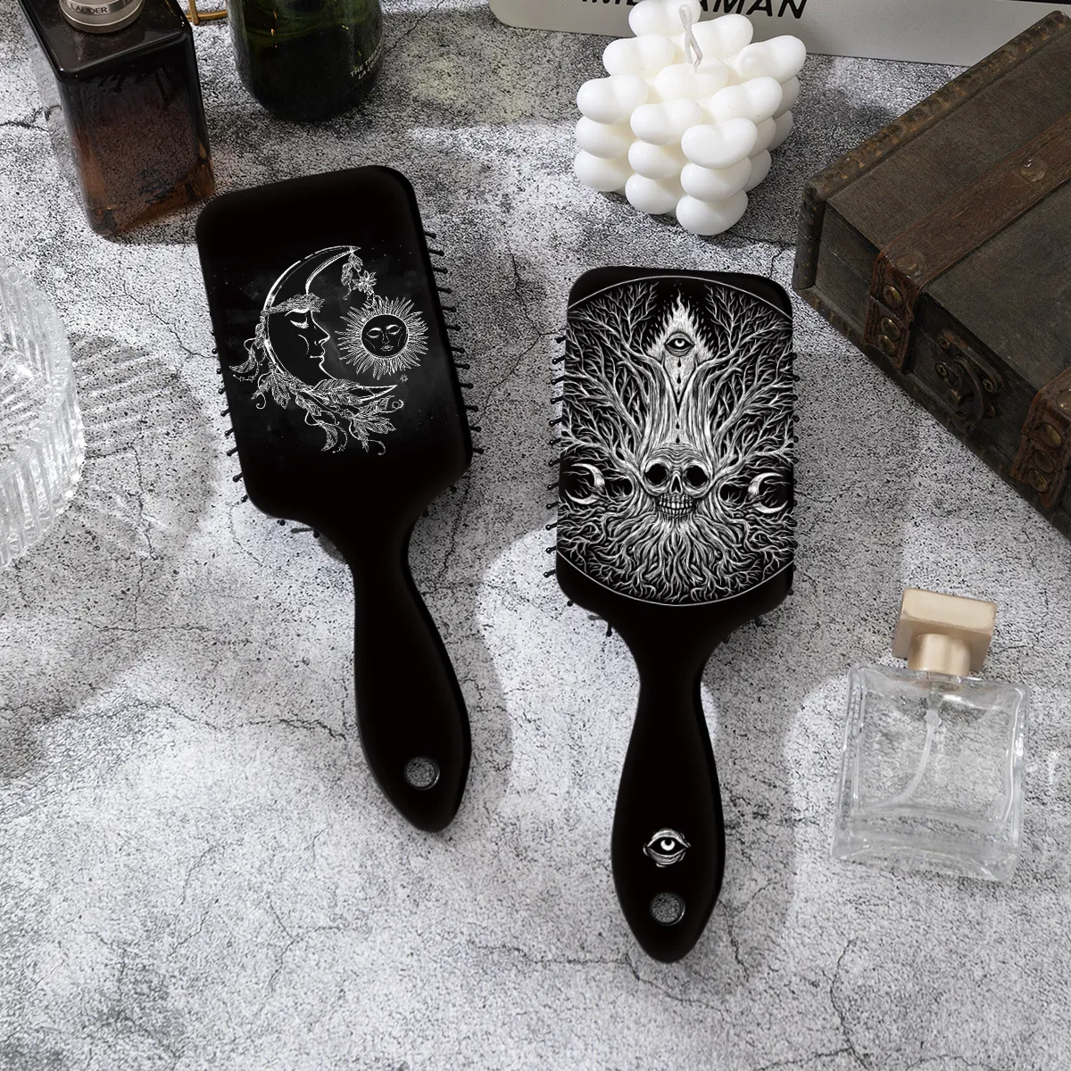 Gothic Mystical Air Cushion Comb For Women Detangling Hair Brush With Skull Moon Sun Stars Pattern Black Plastic Massage Comb