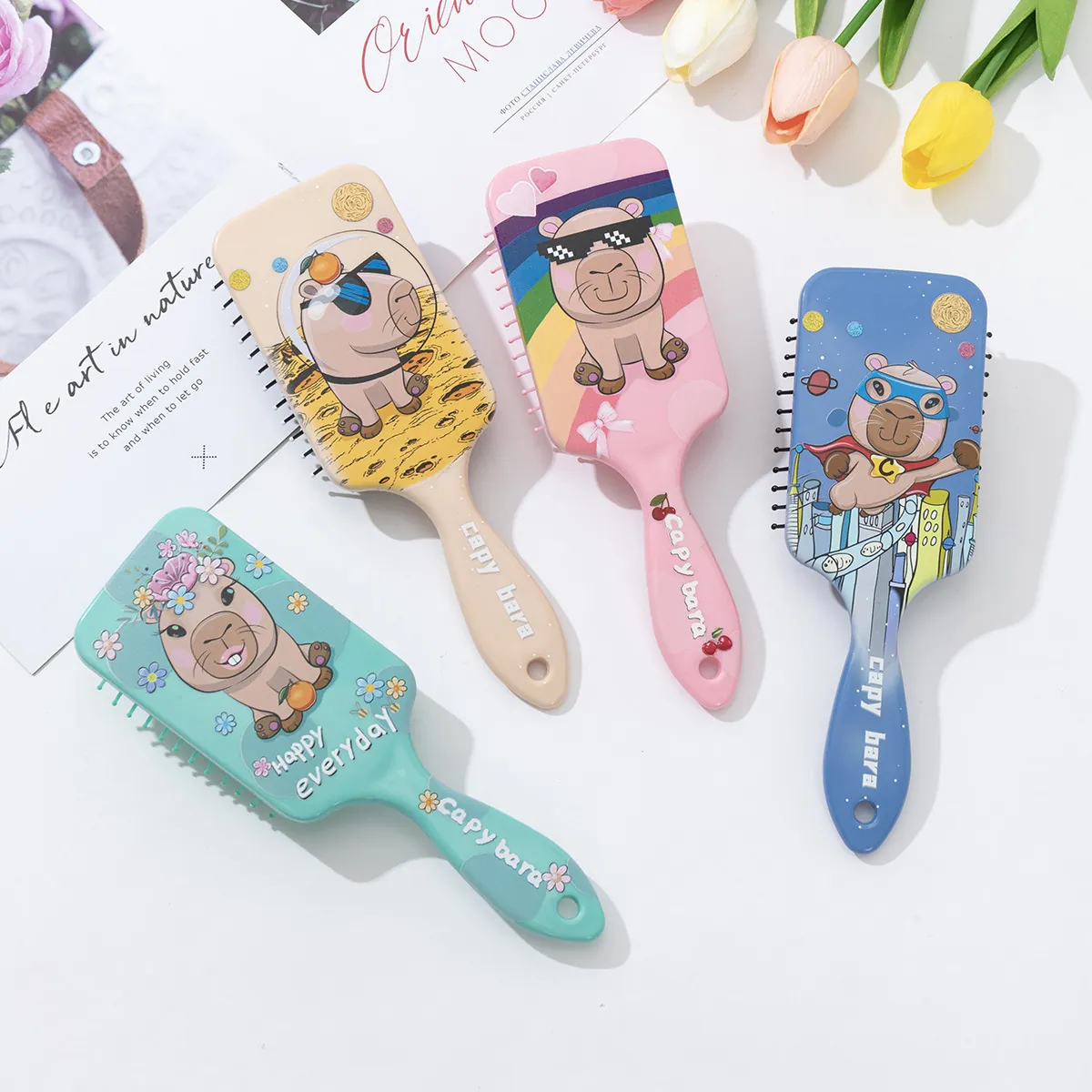 Cute Capybara Print Air Cushion Massage Hair Brush Scalp Massage Paddle Brush ABS Detangling Comb For Smooth Hair Home Beauty Tool