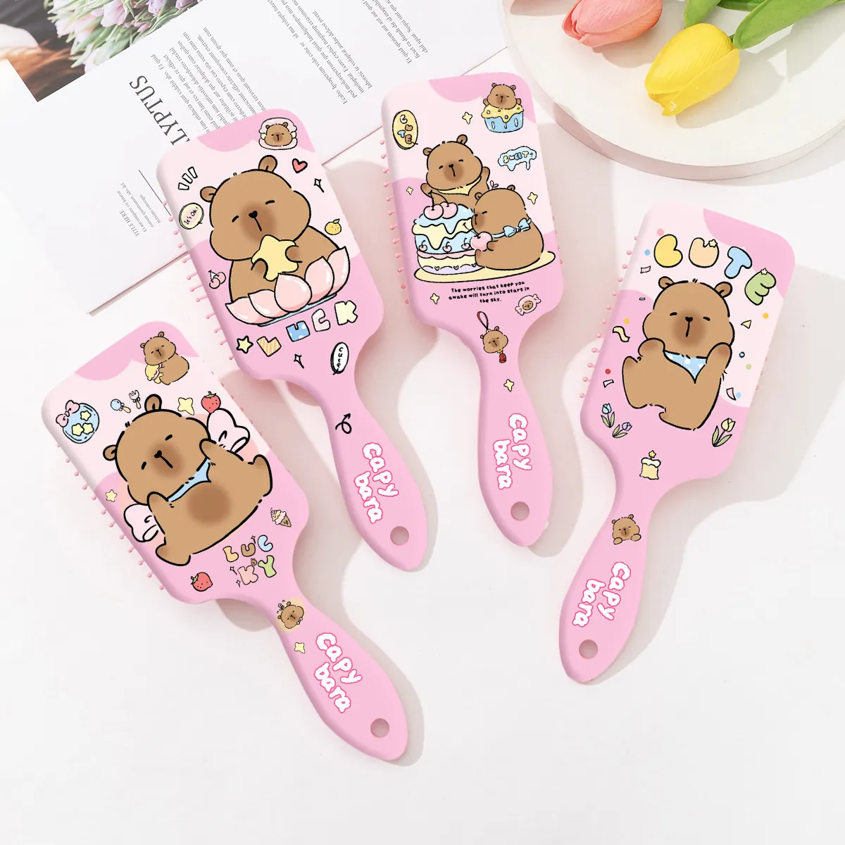 Pink Cartoon Capybara Printed Air Cushion Massage Hair Brush ABS Detangling Scalp Massage Comb For Women Hair Styling Tool