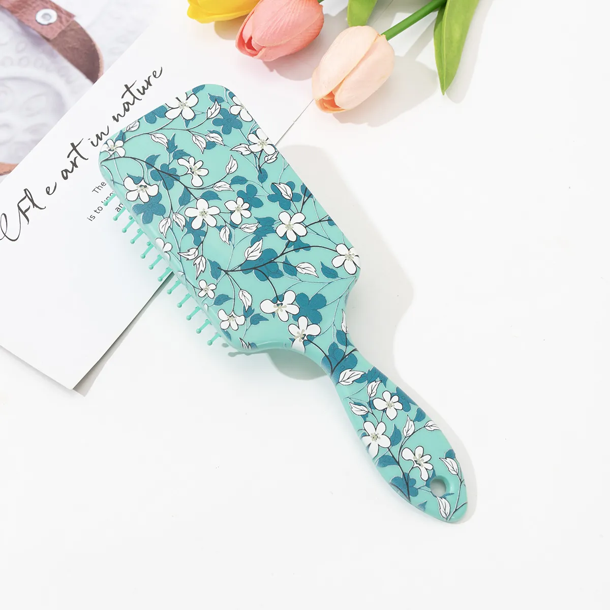 Floral Print Air Cushion Hairbrush Scalp Massage Detangling Comb Mint Green ABS Plastic Pastoral Style Brush For Women