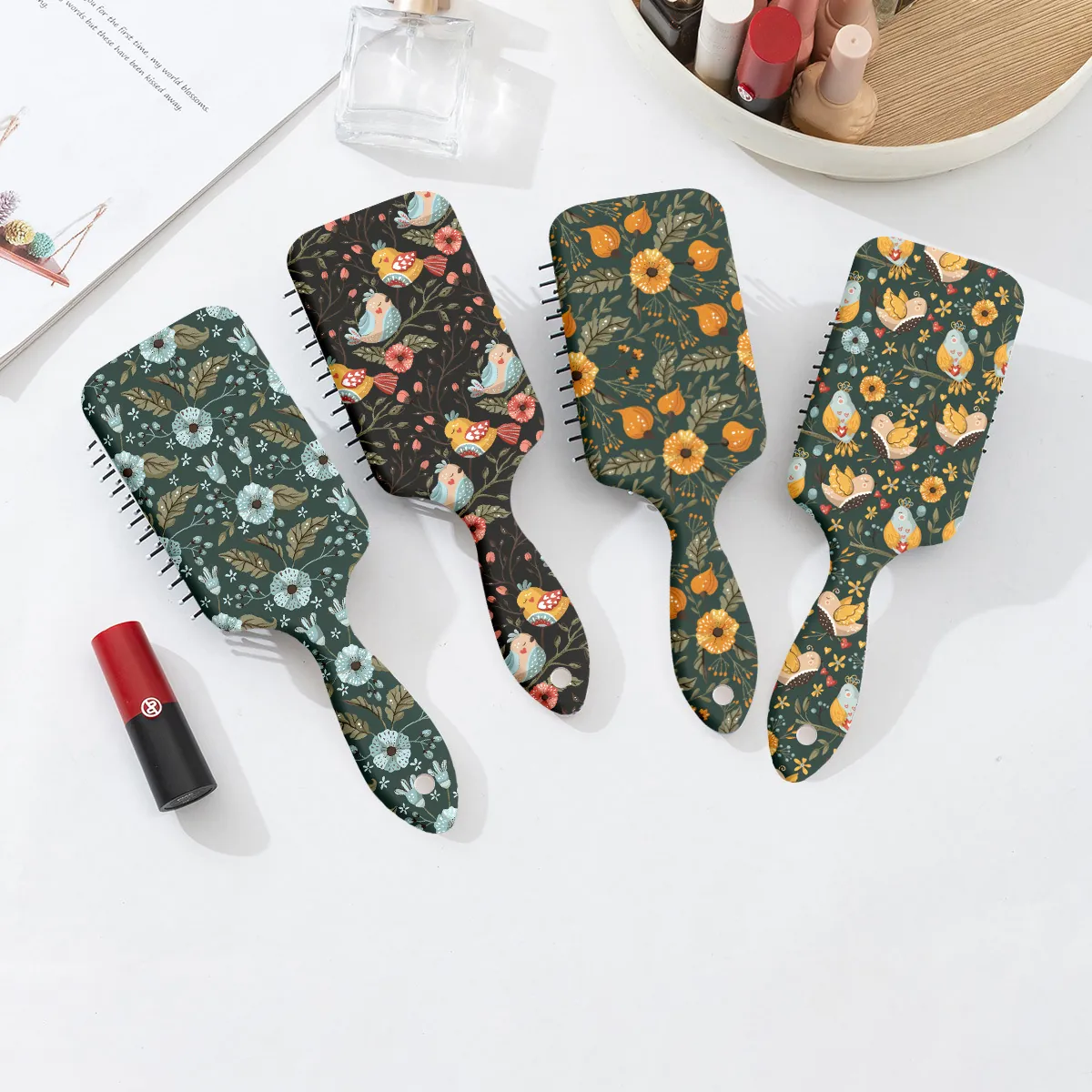Vintage Floral Bird Print Paddle Hairbrush Air Cushion Massage Comb For Women Detangling Brush Scalp Massage Hair Care Tool