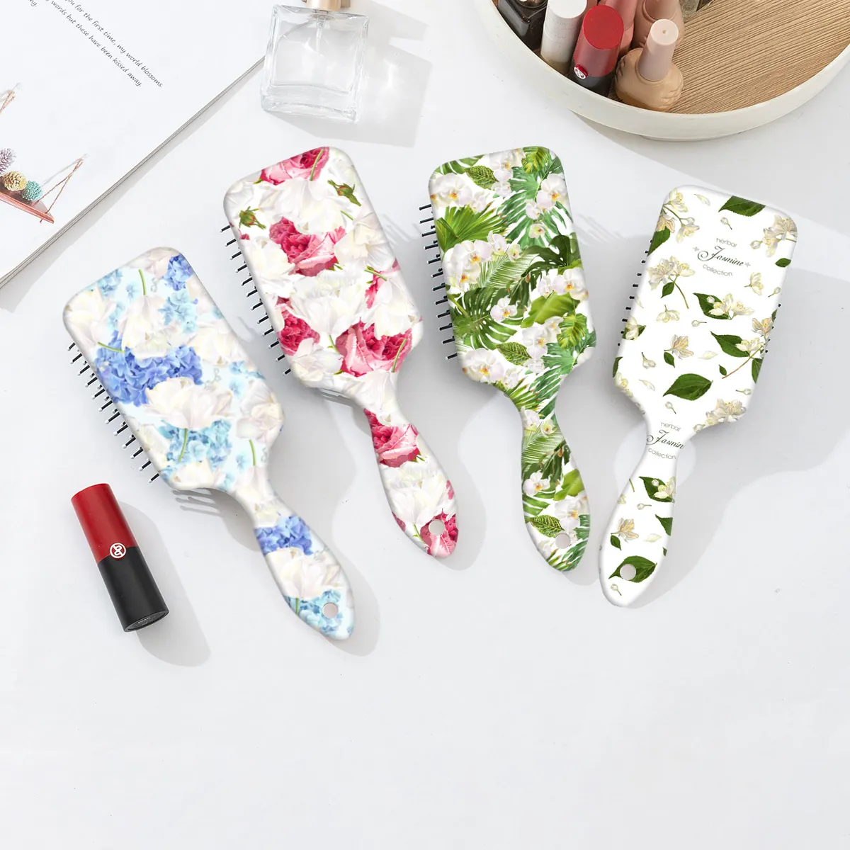 Fresh Floral Print Air Cushion Hair Brush Scalp Massage Paddle Brush For Women Girls Home Travel Daily ABS Material Printed