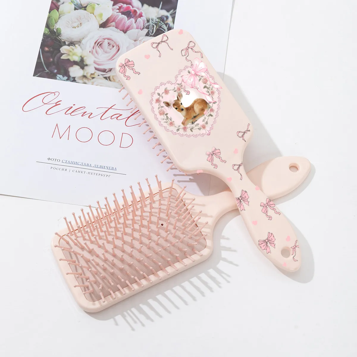 Girly Pink Bow Tie Fawn Printed Air Cushion Hair Brush Scalp Massage Paddle Brush For Women ABS Portable Detangling Hair Comb