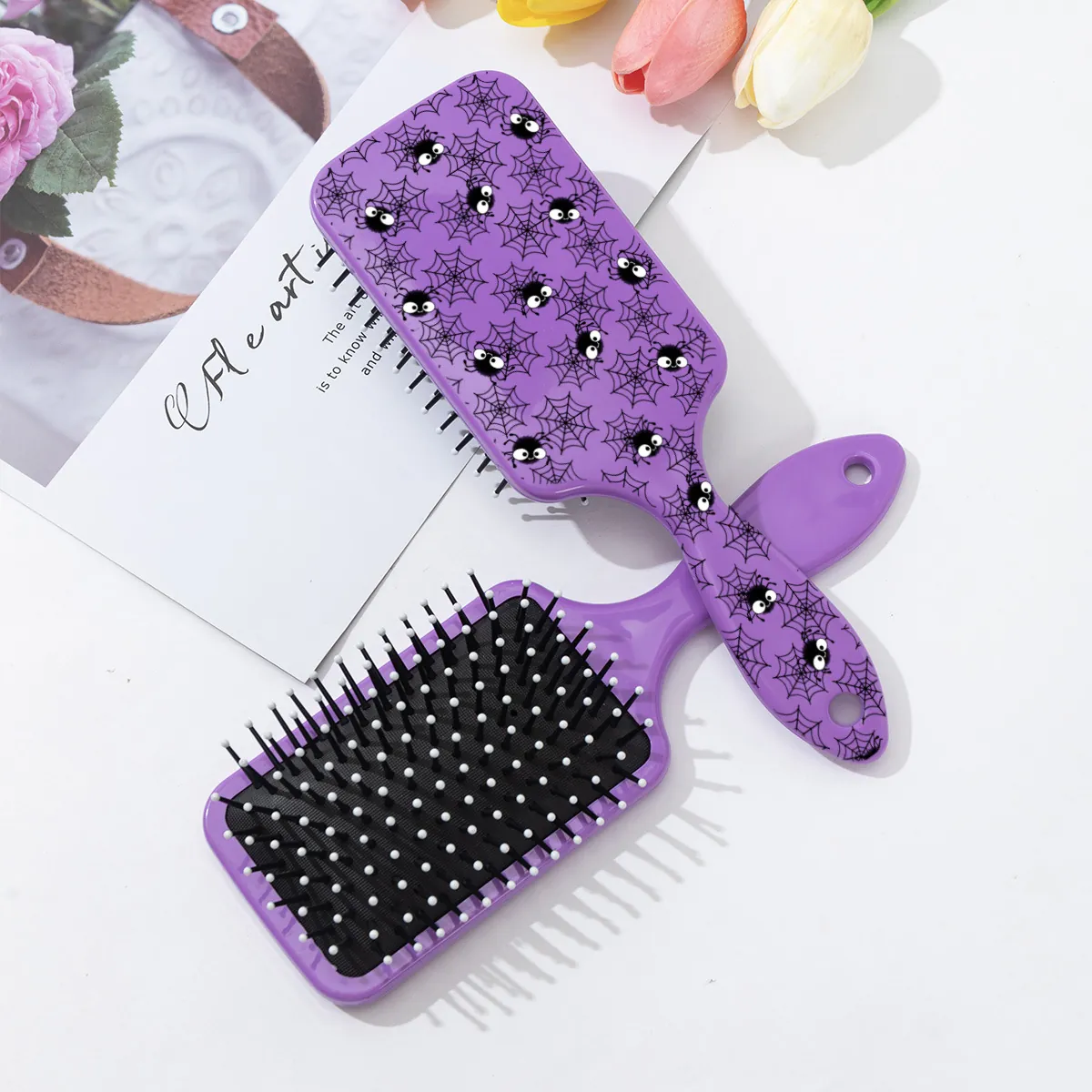 Peigne à Coussin d'Air Violet d'Halloween Motif Toile d'Araignée de Dessin Animé pour Femmes Brosse à Cheveux Démêlante Outil de Coiffage