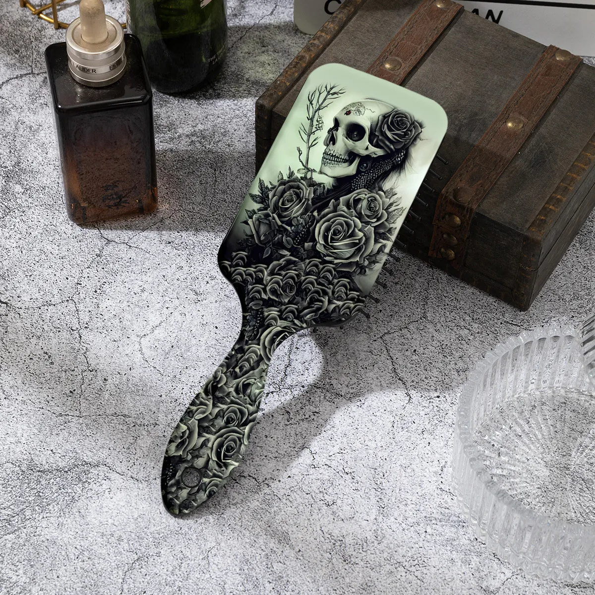 Gothic Vintage Skull Rose Print Air Cushion Hairbrush For Women ABS Detangling Paddle Massage Comb For Daily Scalp Care