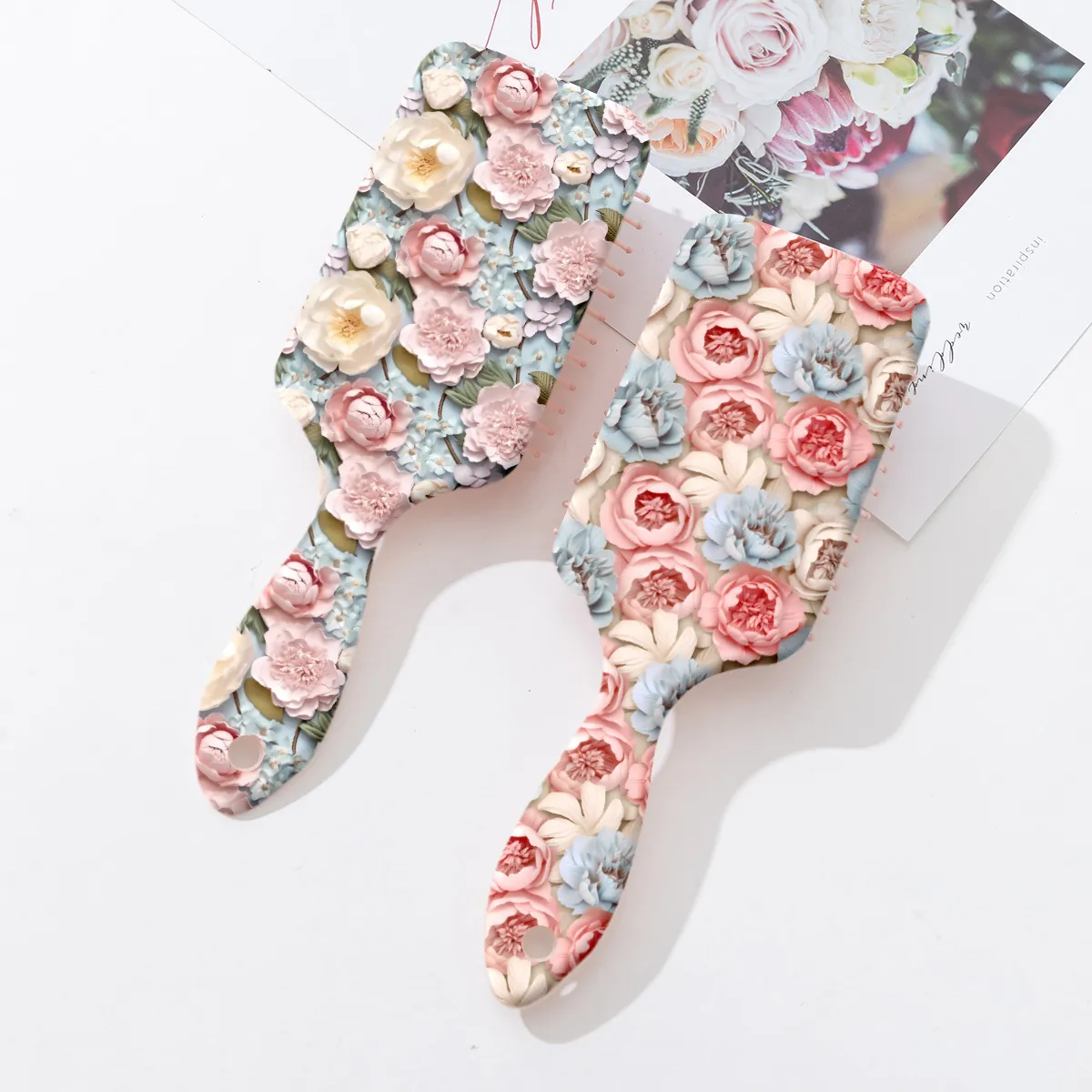 Brosse à Cheveux à Coussin d'Air avec Imprimé Floral 3D en Relief Brosse Plate de Massage du Cuir Chevelu Peigne Démêlant Professionnel Femme