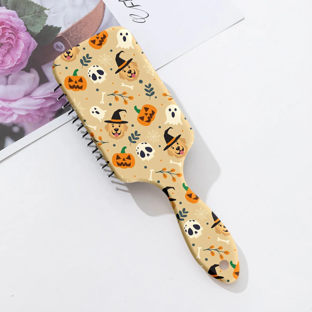 Brosse à Cheveux de Massage à Coussin d'Air Halloween Dessin Animé Golden Retriever Citrouille Brosse Paddle Portative pour Soins Capillaires