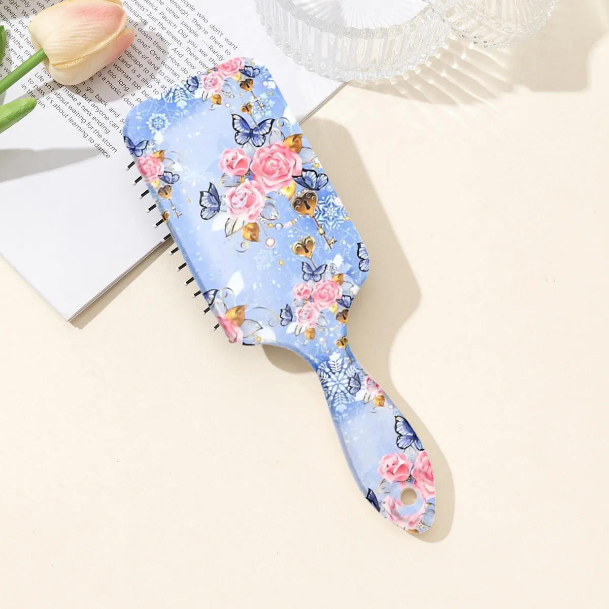 Vintage Rose Butterfly Print Air Cushion Hairbrush For Women Portable Massage Detangling Paddle Brush Hair Styling Tool
