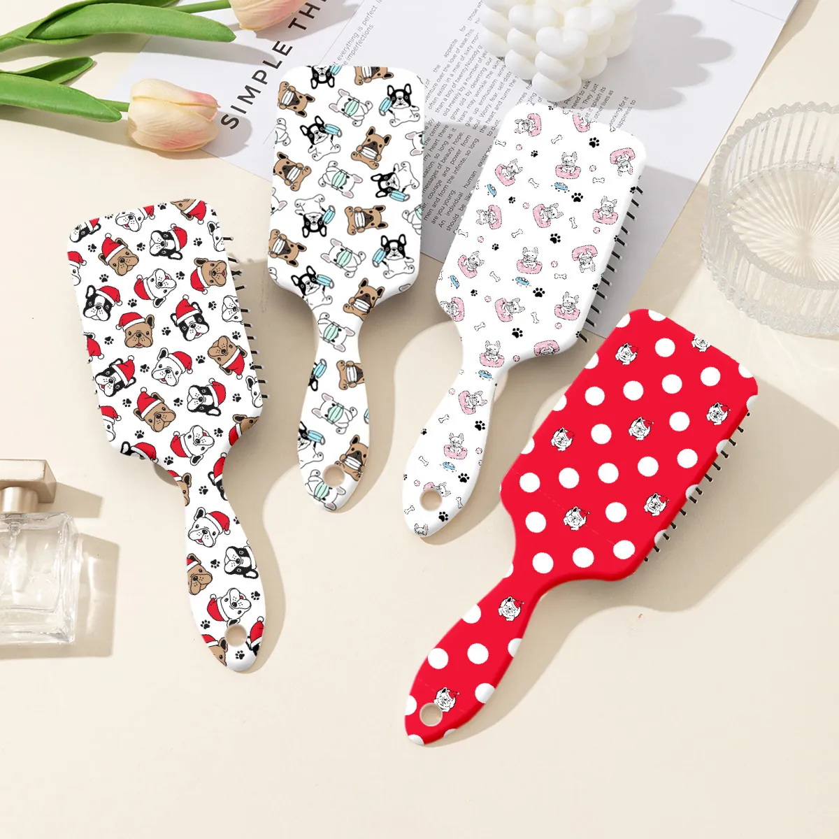 Brosse à Cheveux à Coussin d'Air Imprimé Bouledogue Français Dessin Animé Peigne de Massage du Cuir Chevelu pour Femme