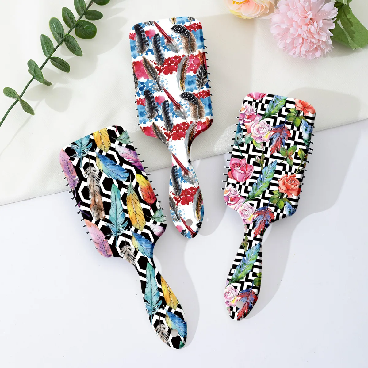 Bohemian Feather Print Air Cushion Hair Brush Massage Scalp Detangling Paddle Comb For Women Girl Dormitory Hair Care Tool