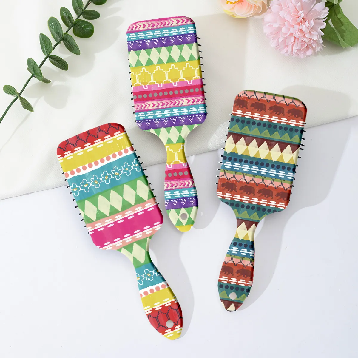 Bohemian Striped Cartoon Print Air Cushion Hair Brush ABS Plastic Detangling Massage Paddle Comb For Women Kids Hair Care