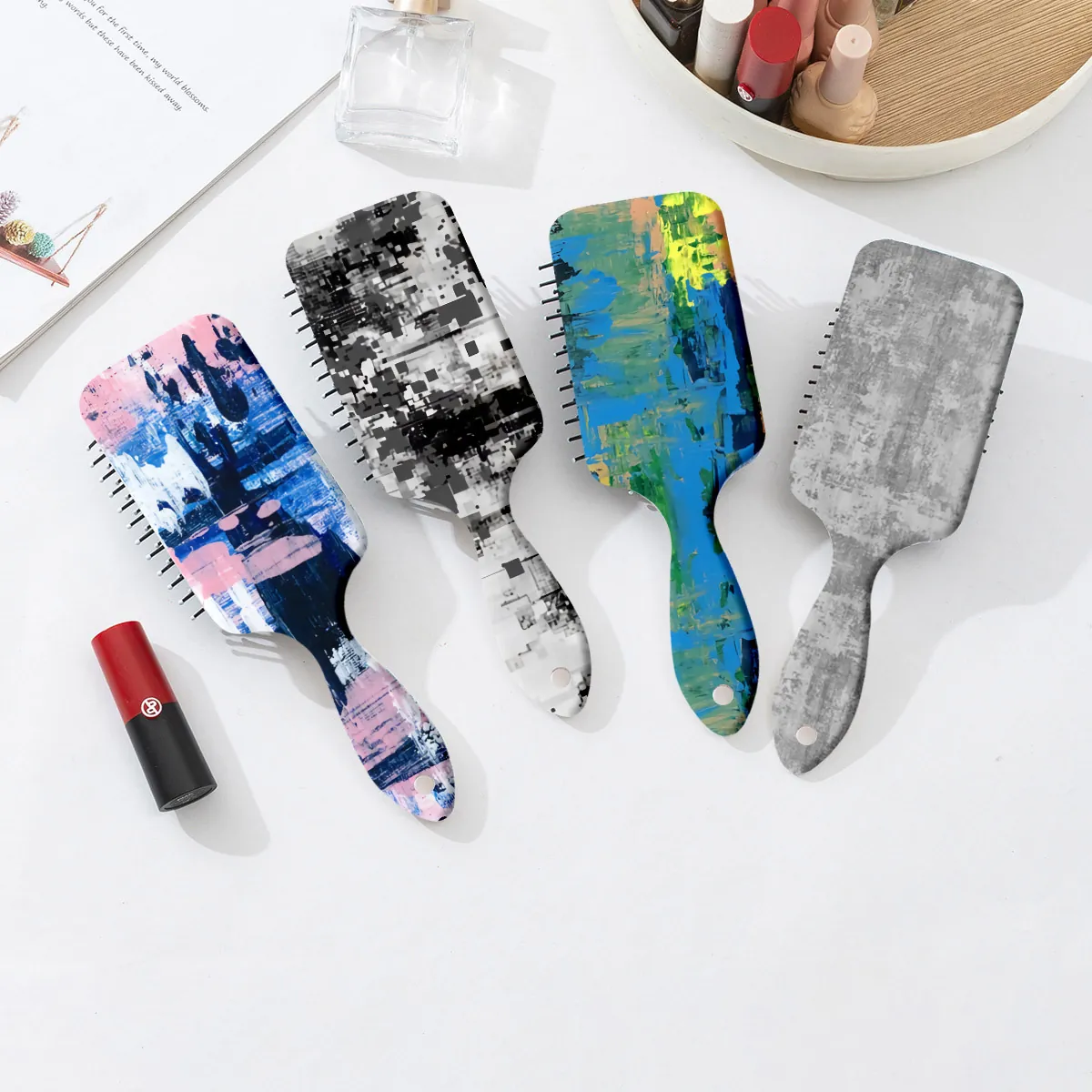 Artistic Print Air Cushion Paddle Brush Retro Marble Graffiti Massage Hair Comb ABS Detangling Styling Tool For Women Daily