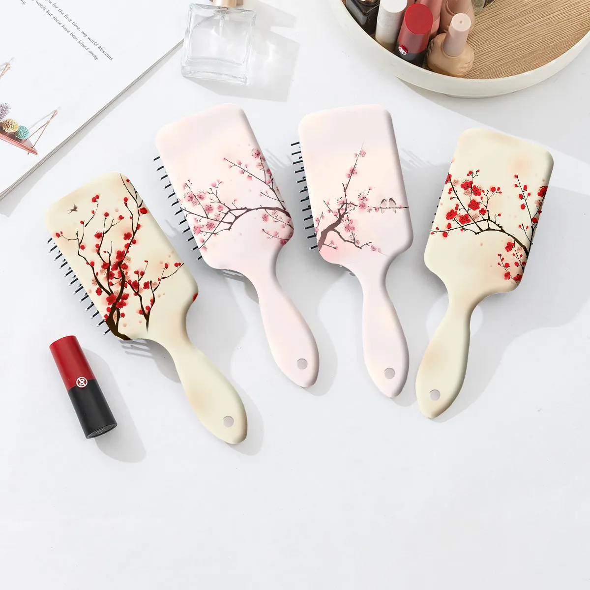 Floral Print Air Cushion Massage Hair Brush Vintage Plum Cherry Blossom Detangling Scalp Care Paddle Comb For Women