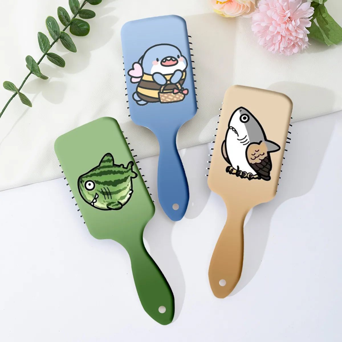 Cartoon Shark Hybrid Air Cushion Massage Hairbrush Scalp Detangling Detangler Brush For Women Girls Daily Hair Care Plastic Paddle Comb