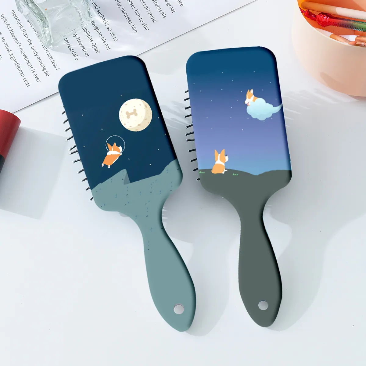 Brosse à Cheveux de Massage à Coussin d'Air Imprimé Corgi Mignon Dessin Animé Peigne Démêlant pour Filles Femmes Soins