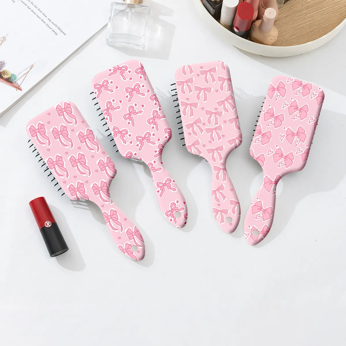 Brosse à Coussin d'Air Imprimé Nœud Rose pour Femmes Brosse à Cheveux Démêlante Massage du Cuir Chevelu Style Doux Outil Beauté