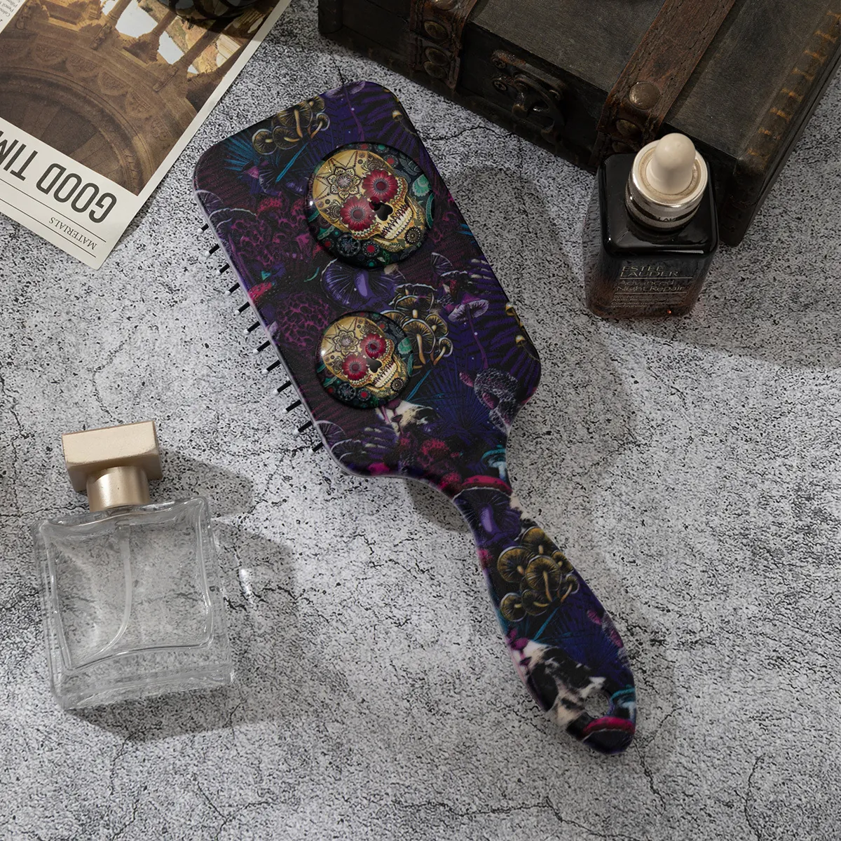 Gothic Day Of The Dead Sugar Skull Air Cushion Hairbrush Purple Scalp Massage Detangling Comb Halloween Sugar Skull Pattern Hairbrush