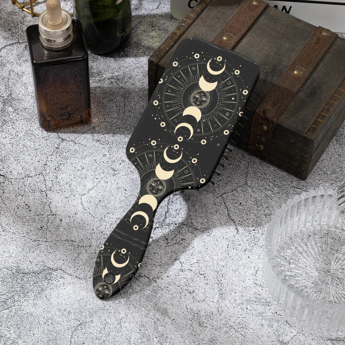 Brosse Pneumatique Céleste Phases de la Lune ABS Massage Cuir Chevelu Démêlante Impression Soleil Étoiles Or pour Femme Coiffure