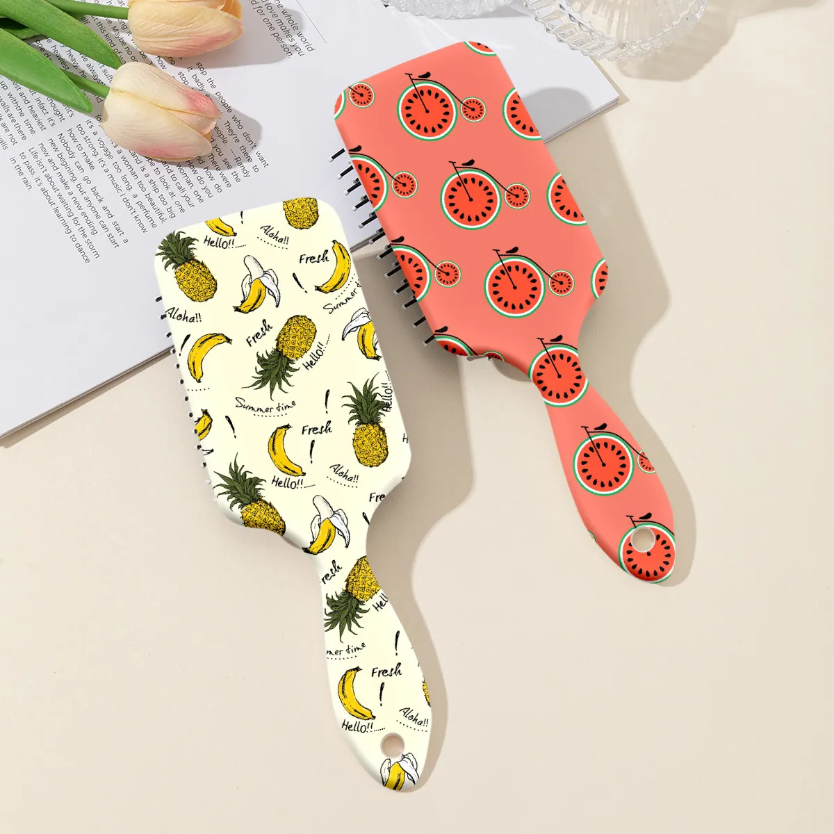 Brosse à Cheveux de Massage à Coussin d'Air Imprimé Fruits Peigne Démêlant de Massage du Cuir Chevelu pour Outils de Coiffure Femme