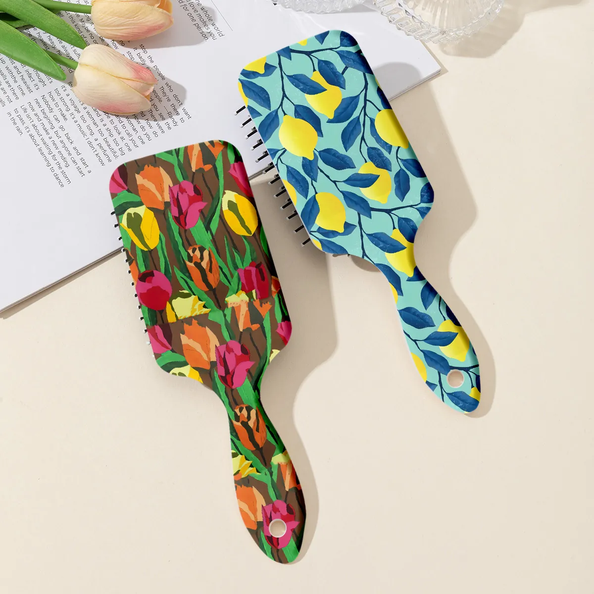 Vintage Abstract Flower Lemon Print Air Cushion Massage Comb Portable ABS Hair Brush For Women Home Dorm Haircare Essentials