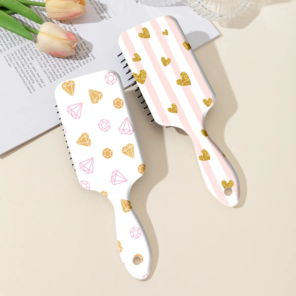 Süße Cartoon Bedruckte Luftkissen Haarbürste Tragbarer Massagekamm Rosa Herz Diamant Stern Muster Haarbürste Für Damen Mädchen