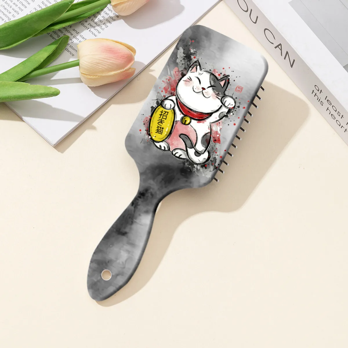 Cute Lucky Cat Pattern Printed Air Cushion Comb Portable ABS Scalp Massage Hairbrush For Women Girls Marble Texture Hair Comb