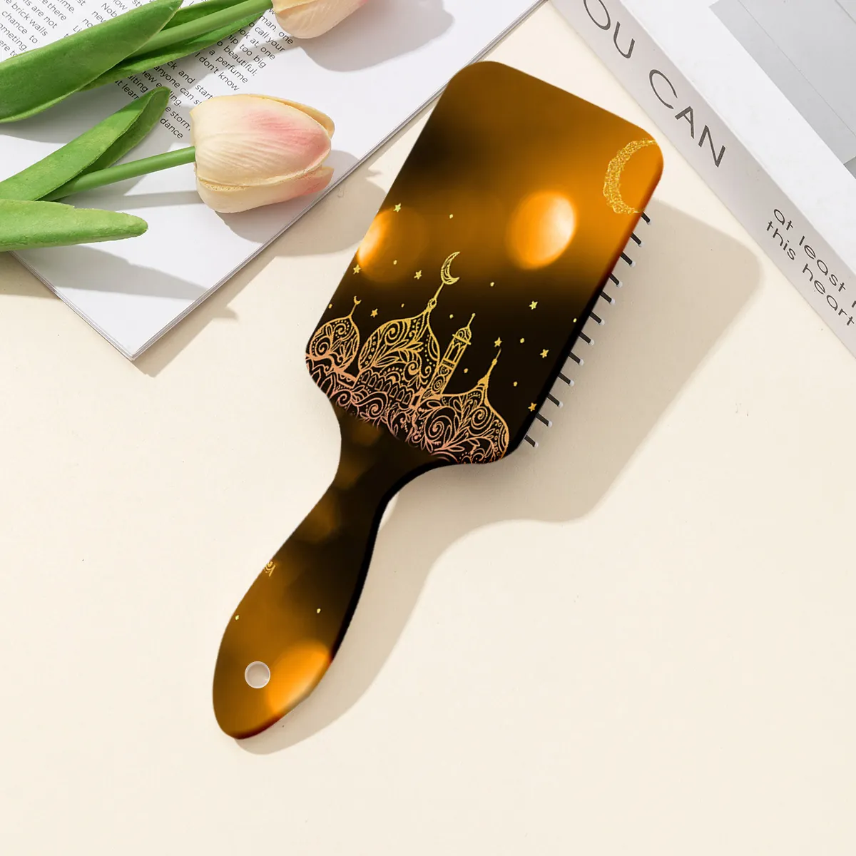 Nahost Muster Luftkissen Massage Haarbürste Ramadan Eid Geschenk Bernstein Haarkamm Mit Moschee Sichelmond Design Ethnisch Haarpflegewerkzeug