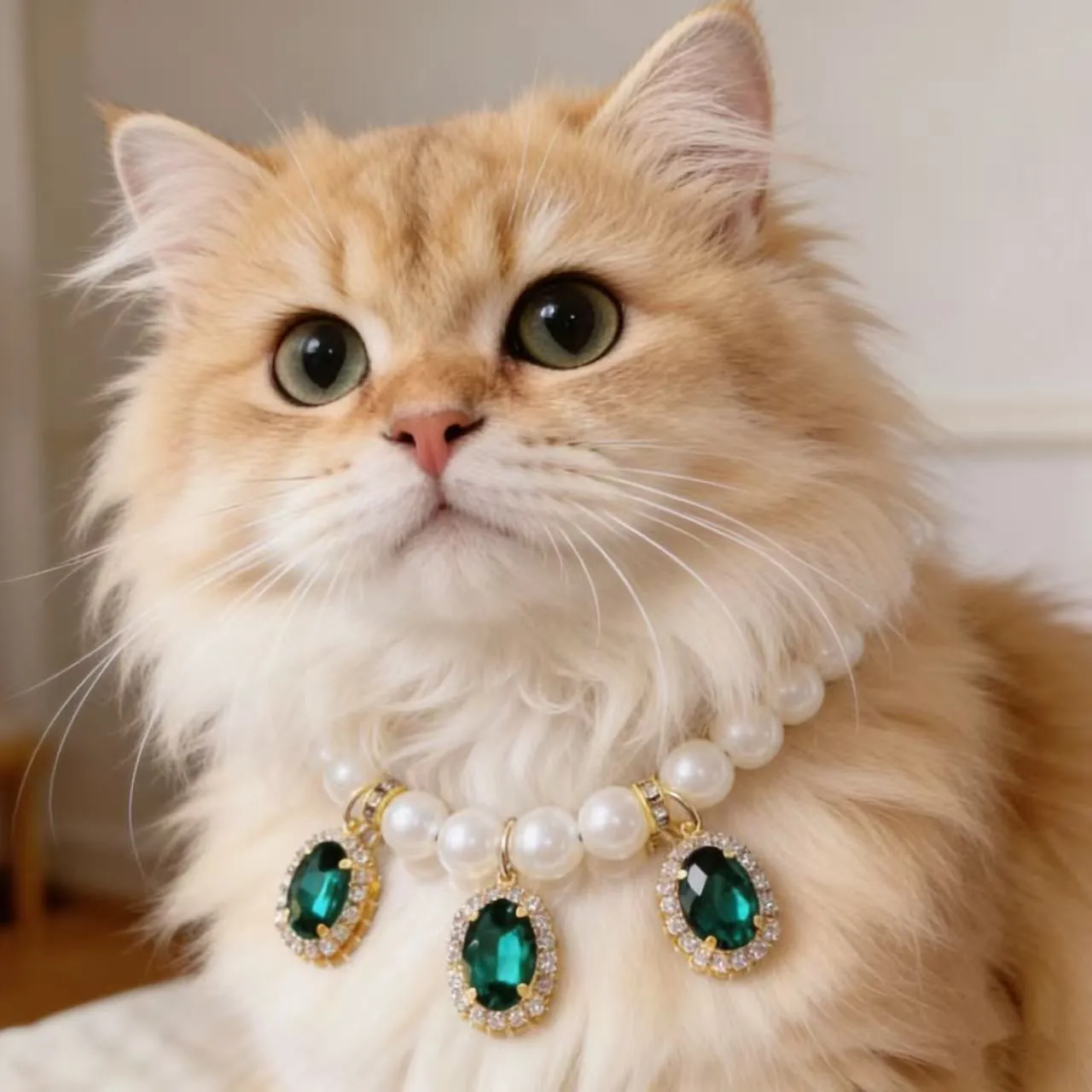 Luxury Pet Pearl Necklace Artificial Gemstone Pendant Rhinestone Inlaid Princess Style Cat Dog Jewelry Adjustable Collar