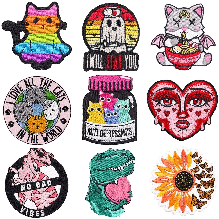 Punk Dinosaur Cat Embroidery Patch DIY Iron-on Applique For Clothing Denim Jacket Hot Melt Glue Embroidered Patch