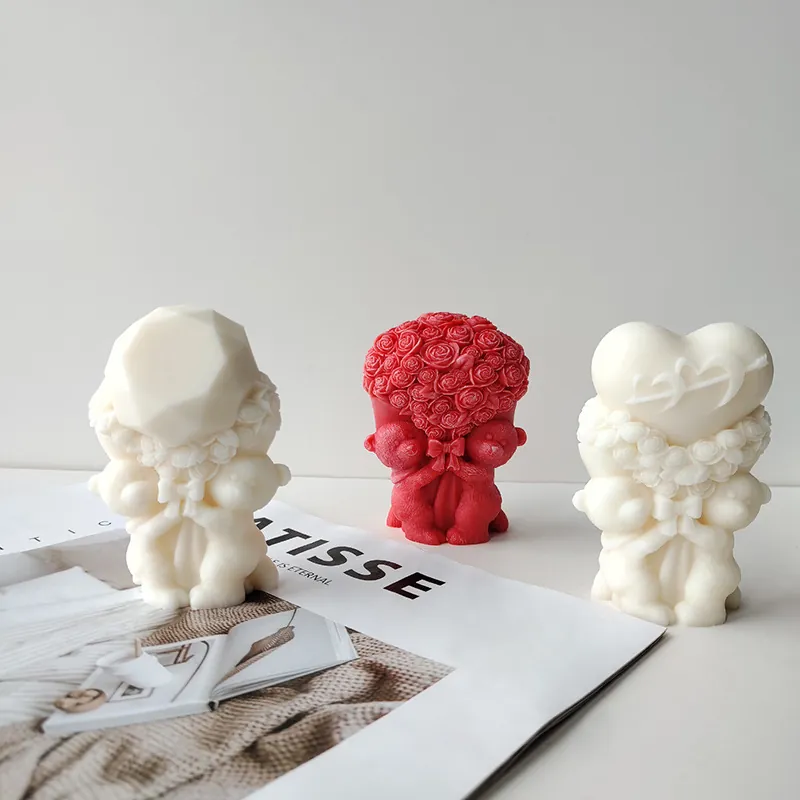 Valentine Bear Silicone Mold 3D DIY Scented Candle Plaster Soap Mold Heart Rose Diamond Bear Fondant Cake Baking Mold