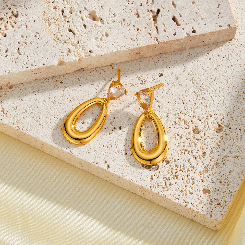 Pendientes de Botón de Gota de Agua de Acero Inoxidable de Lujo Con Circonia para Mujer Pendientes Colgantes Geométricos Oro