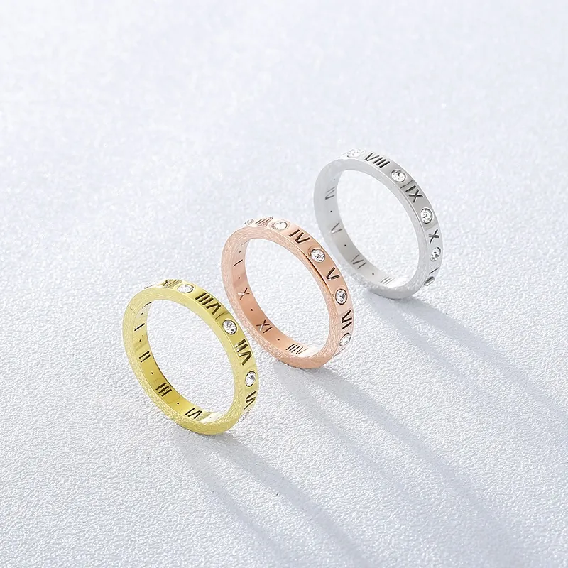 Bague Chiffres Romains Zircon Acier Titane Plaqué Or Rose 18K Bijoux Minimalistes Mode Pour Femmes Hommes