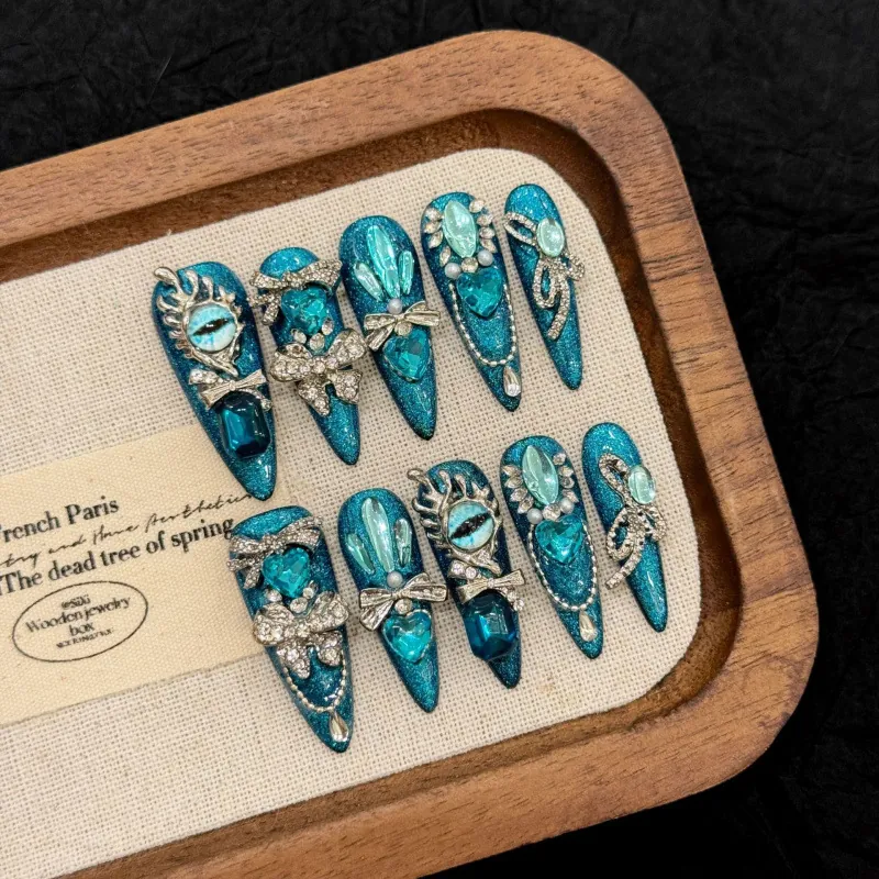 Handmade Blue Cat Eye Press On Nails Luxury Devil Eye Stiletto False Nails With Rhinestone Alloy Bowknot Decor For Women