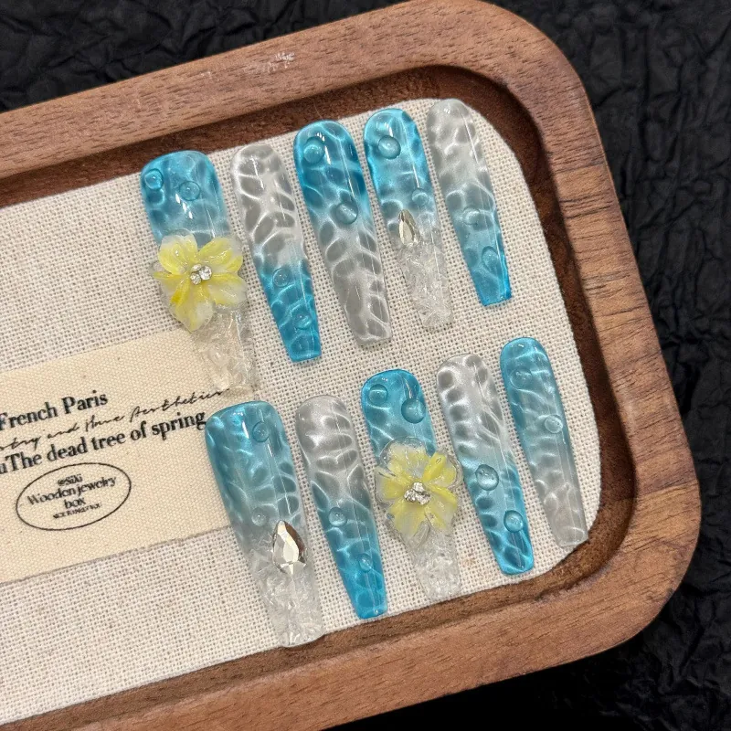 Ocean Summer Blue Cat Eye Press On Nails Handmade 3D Water Ripple Flower Rhinestone Coffin Fake Nails For Women Manicure