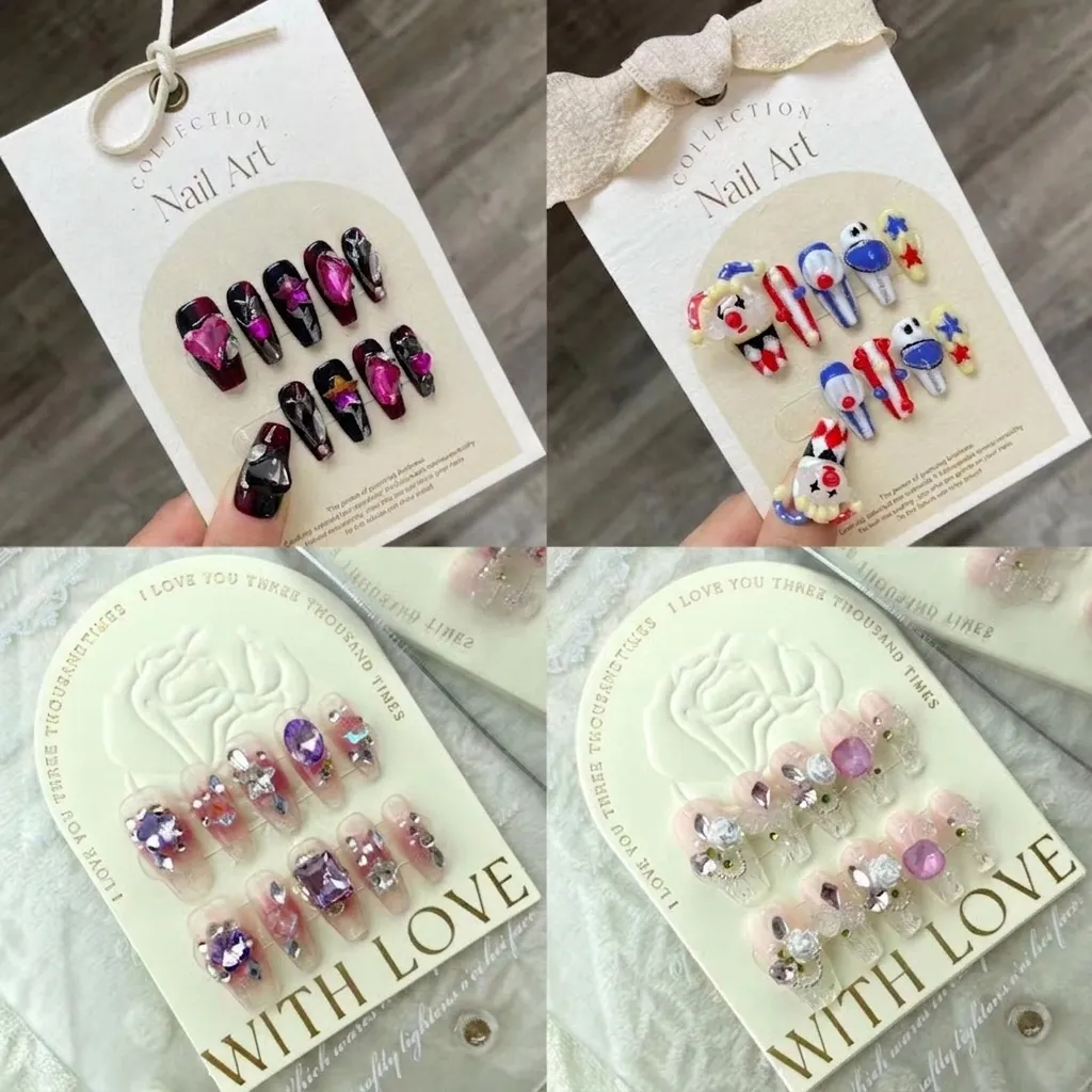 Handmade Press On Nails 3D Rhinestone Artificial Pearl Luxury Artificial Nails Fashionable Gradient False Nails For Women Nail Art