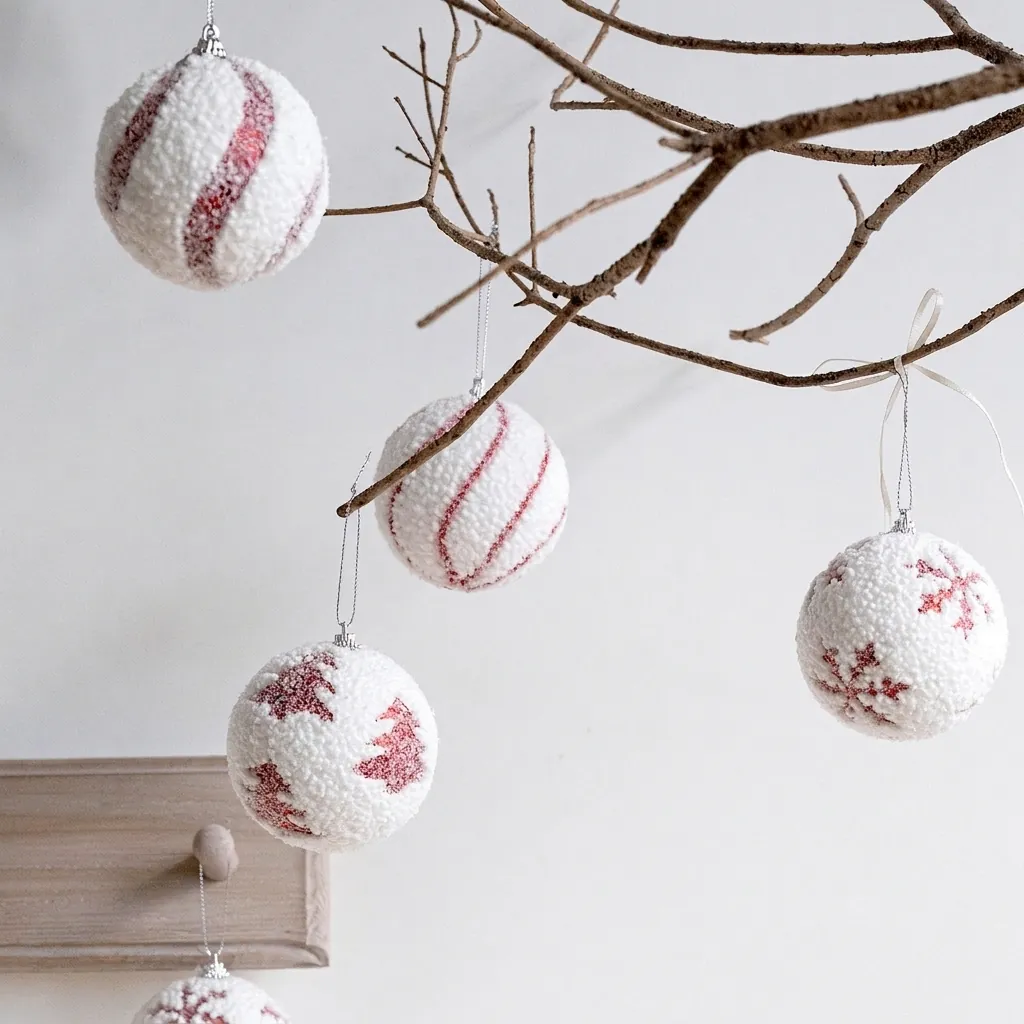 Red White Christmas Ball Ornaments Flocked Glitter Snowflake Tree Patterns Festive Hanging Decorative Balls For Tree Decor