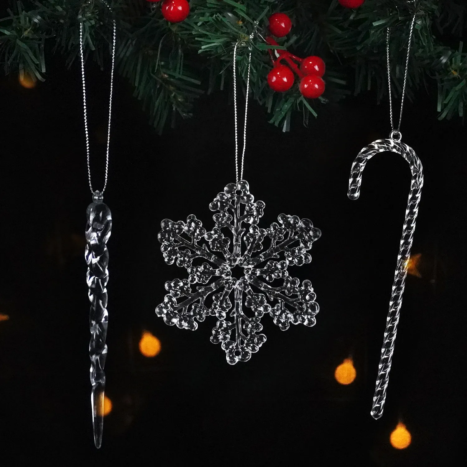 Christmas Hanging Ornaments Clear Acrylic Snowflake Icicle Candy Cane Festive Xmas Tree Decoration Winter Wonderland