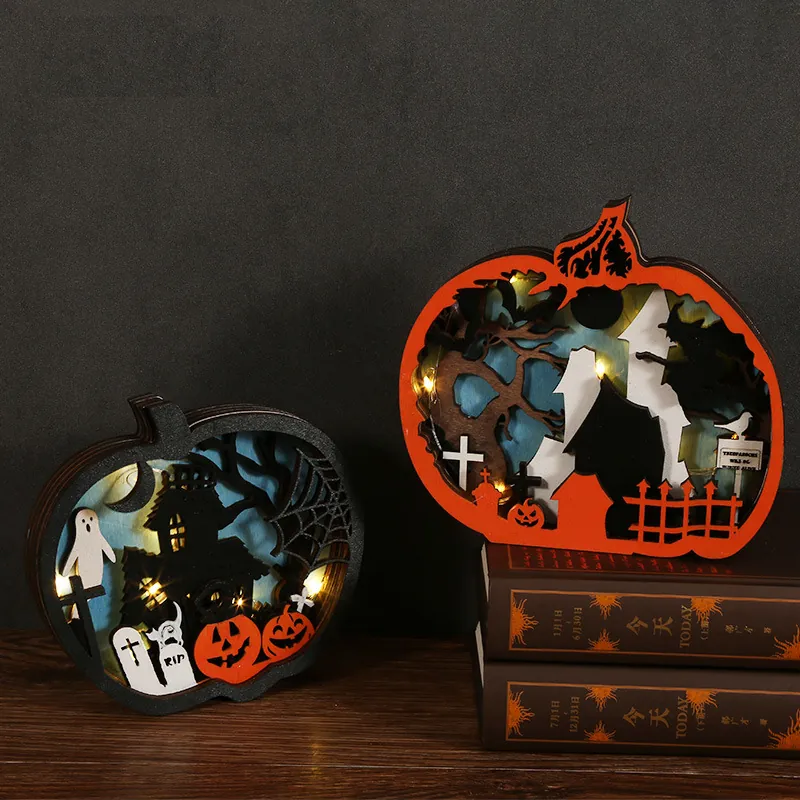 Citrouille d'Halloween LED Ornement en Bois Découpe Laser Multicouche Veilleuse Buis Décoration Bureau Festive Sorcière Maison Hantée