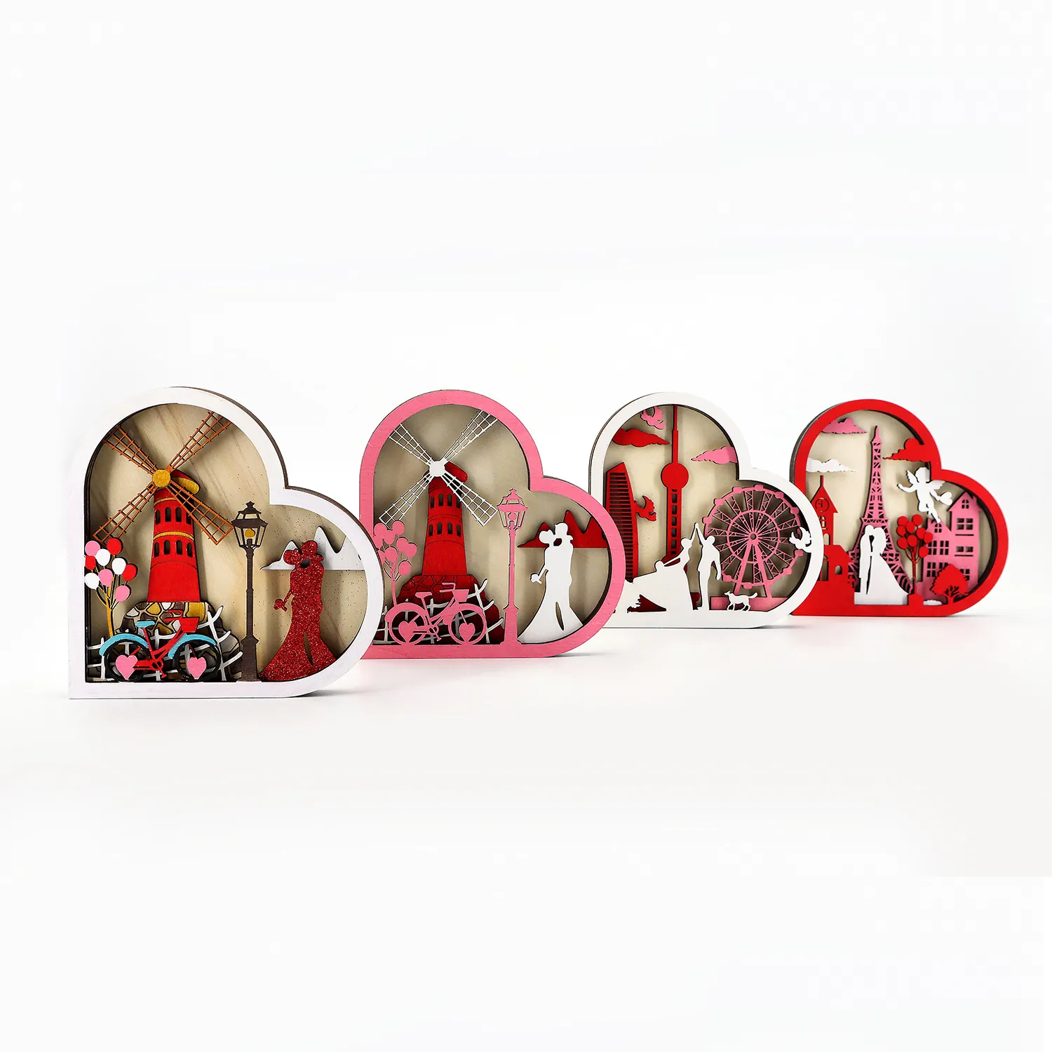 Wooden Valentine's Day Heart Ferris Wheel Eiffel Tower Multi-layer Ornament Romantic Wedding Home Decor Tabletop Gift