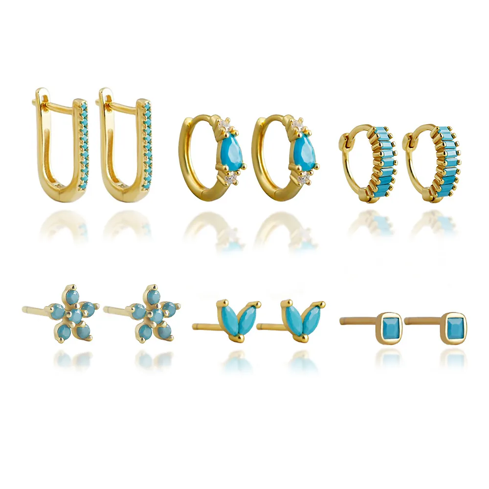 925 Sterling Silver Turquoise Zirconia Earrings Collection Geometric Flower Leaf Stud Huggie Hoop Earrings For Women Jewelry
