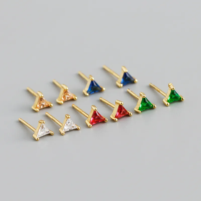 925 Argent Sterling Triangle Zirconia Boucles d'Oreilles Clous pour Femmes Minimaliste Géométrique Coloré Bijoux Mode Accessoires