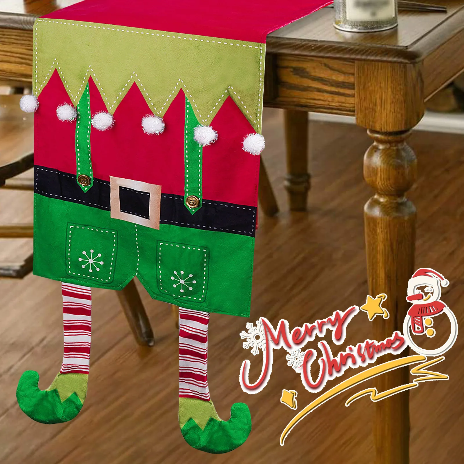 Christmas Elf Table Runner Polyester Decorative Cloth With Striped Legs And Pom Poms For Holiday Dining Room Tabletop Decor
