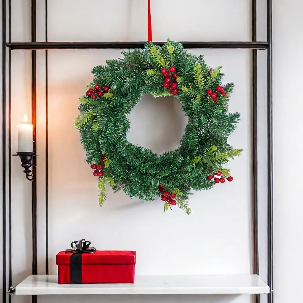 Künstlicher Weihnachtskranz Grüne Kiefernnadeln Mit Roten Beeren PVC Türhänger Dekoration Für Weihnachten Festliche Haus Deko
