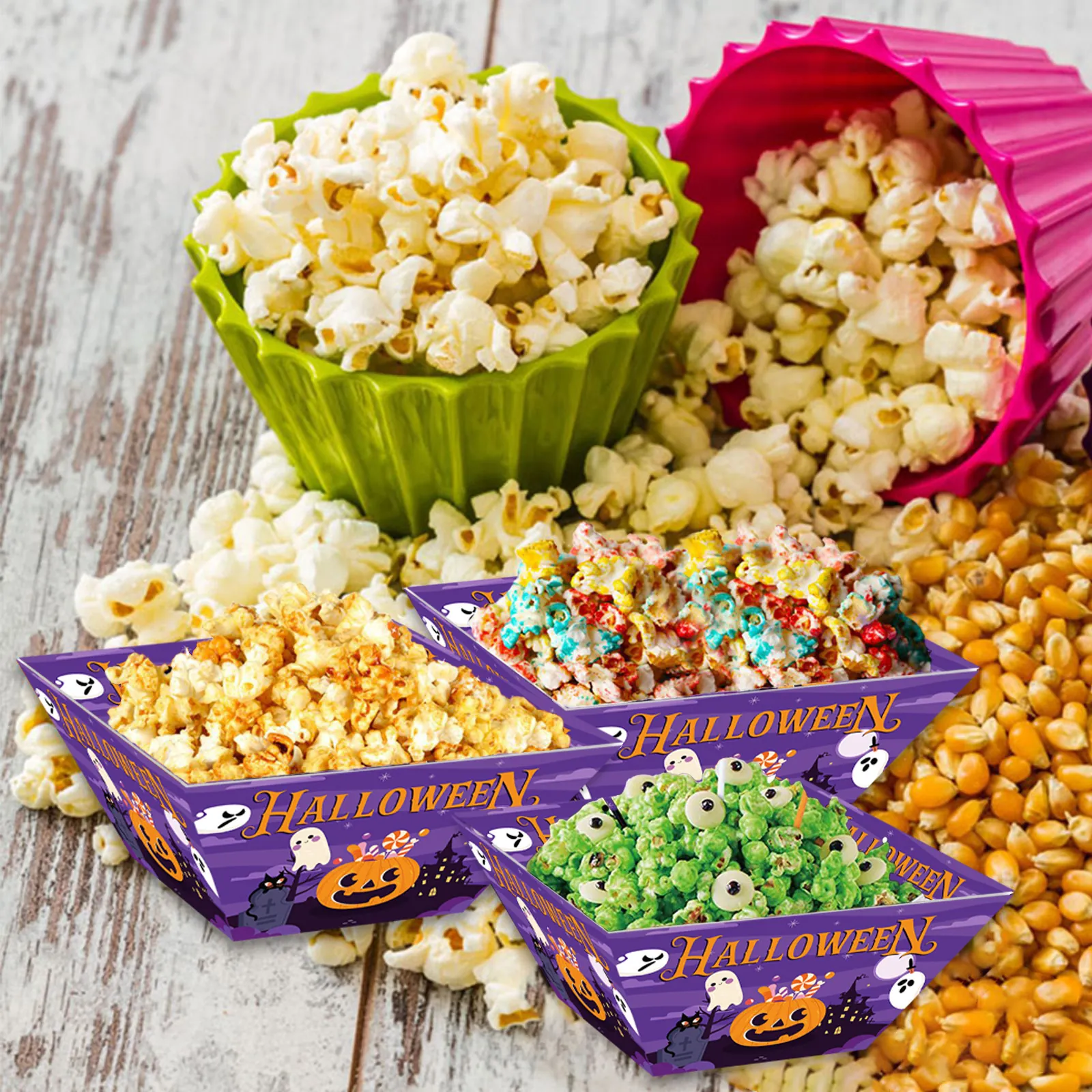 Scatole per Popcorn Quadrate di Halloween Contenitori per Snack in Carta Viola Con Motivo Zucca Fantasma Castello per Feste