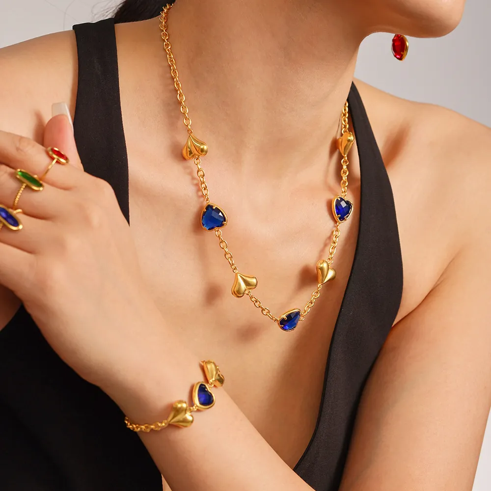 Joyas Corazón Romántico Francés Collar Pulsera Pendientes Acero Inoxidable Chapado Oro Vidrio Checo Colorido Colgante Corazón Joyería Mujer
