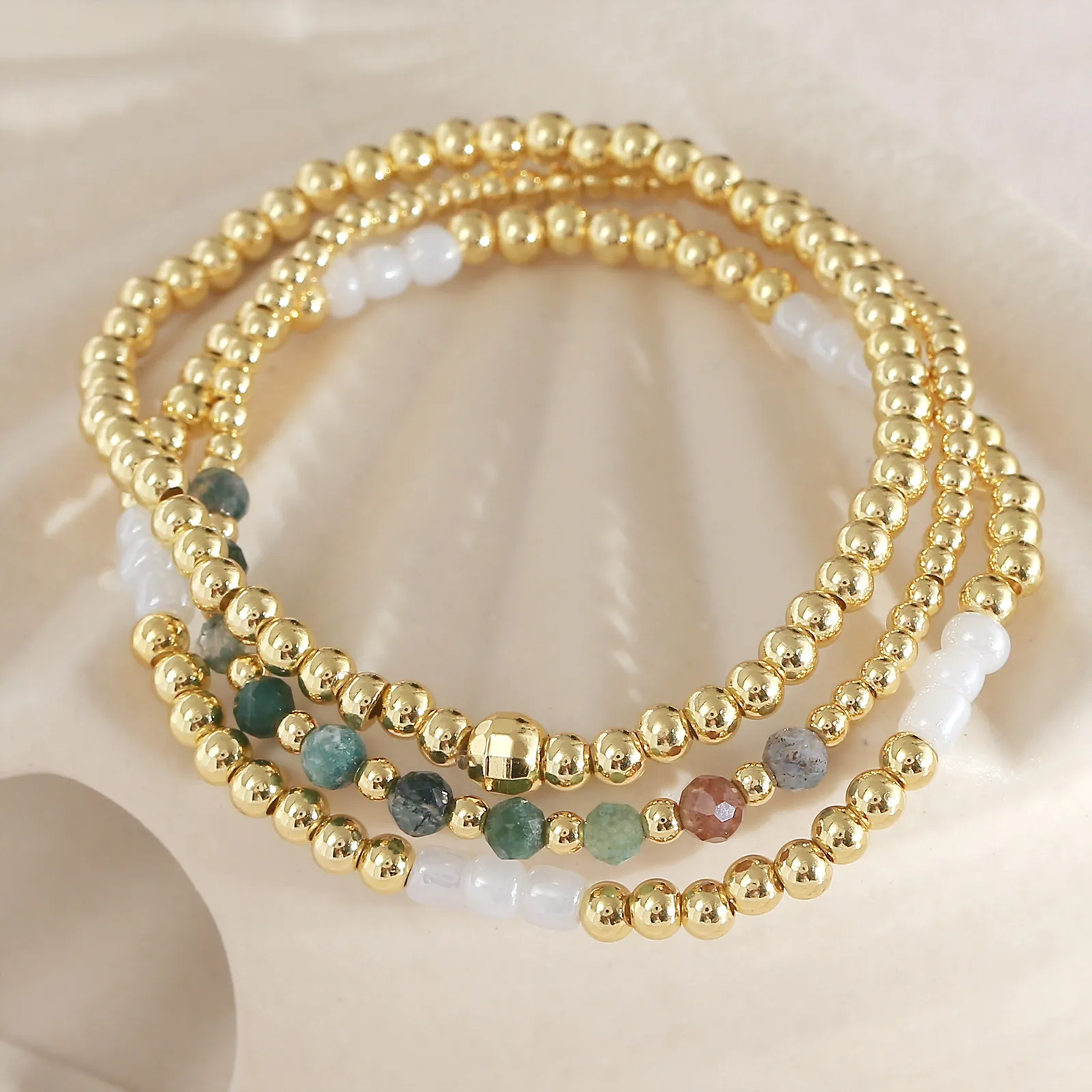 Boho Koper Natuursteen Glazen Kraal Armband Voor Dames Heren Minimalistisch Stapelbaar Ronde Kralen Elastische Mode Sieraden Armband