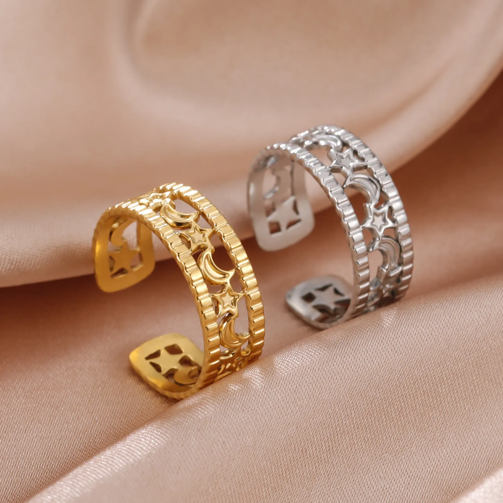 Anillo Abierto de Acero Inoxidable con Estrella y Luna Hueca para Mujer Ajustable Dorado Plateado Joyería Chic Regalo