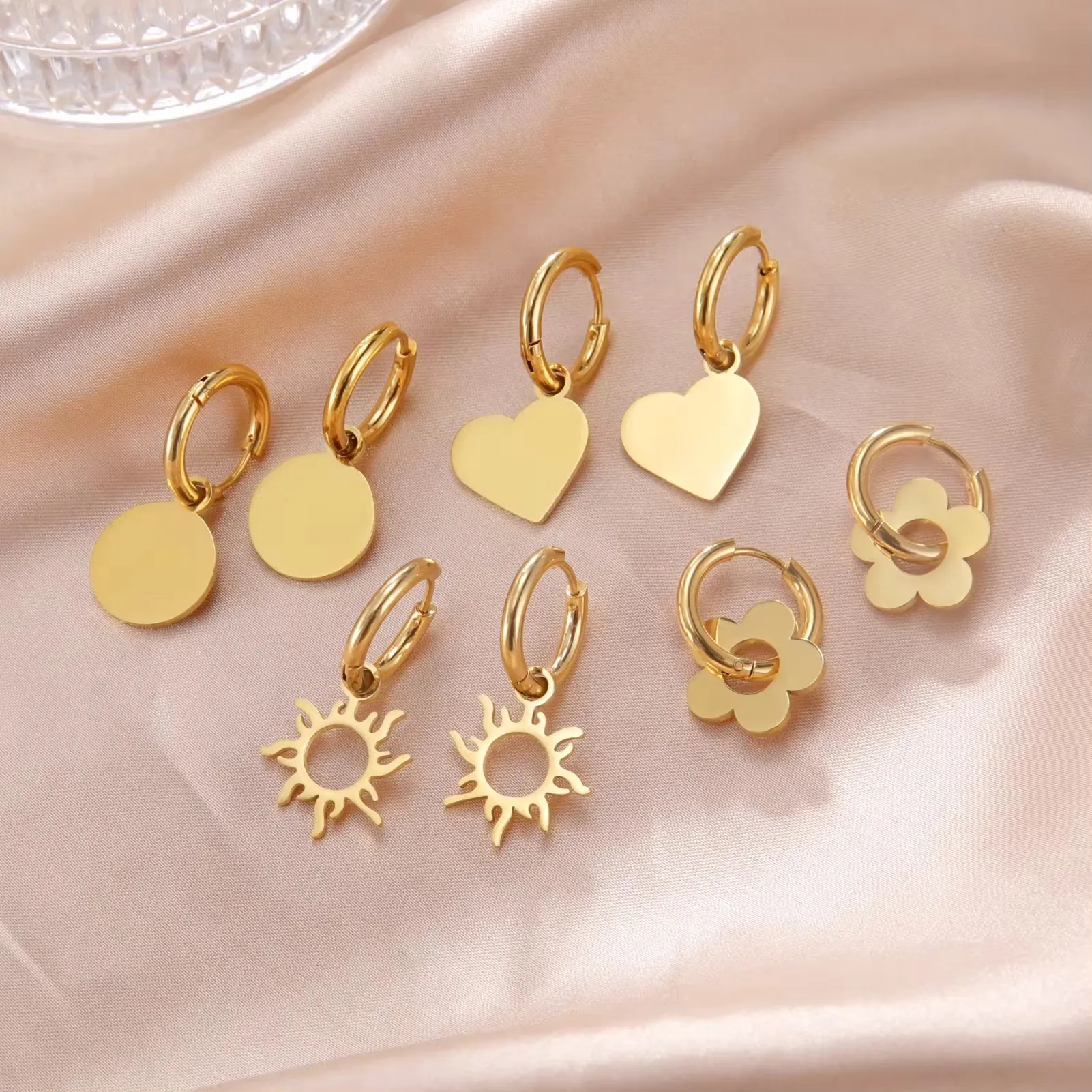 Oorringen Met Bedeltjes 304 Roestvrij Staal Hart Ster Zon Bloem Blad Geometrische Minimalistische Mode Sieraden Vrouwen