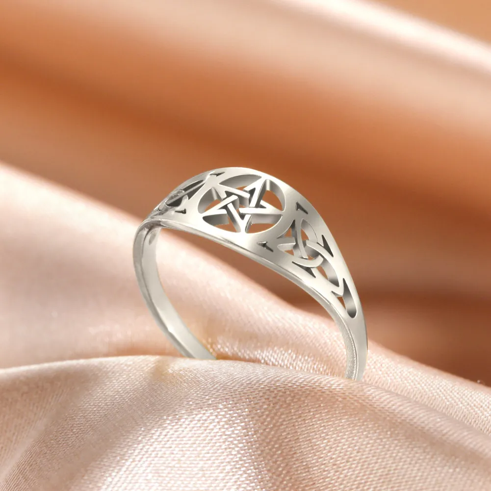 Vintage Stainless Steel Hollow Pentagram Ring Celtic Knot Mysterious Wicca Star Band For Men Women Unisex Jewelry