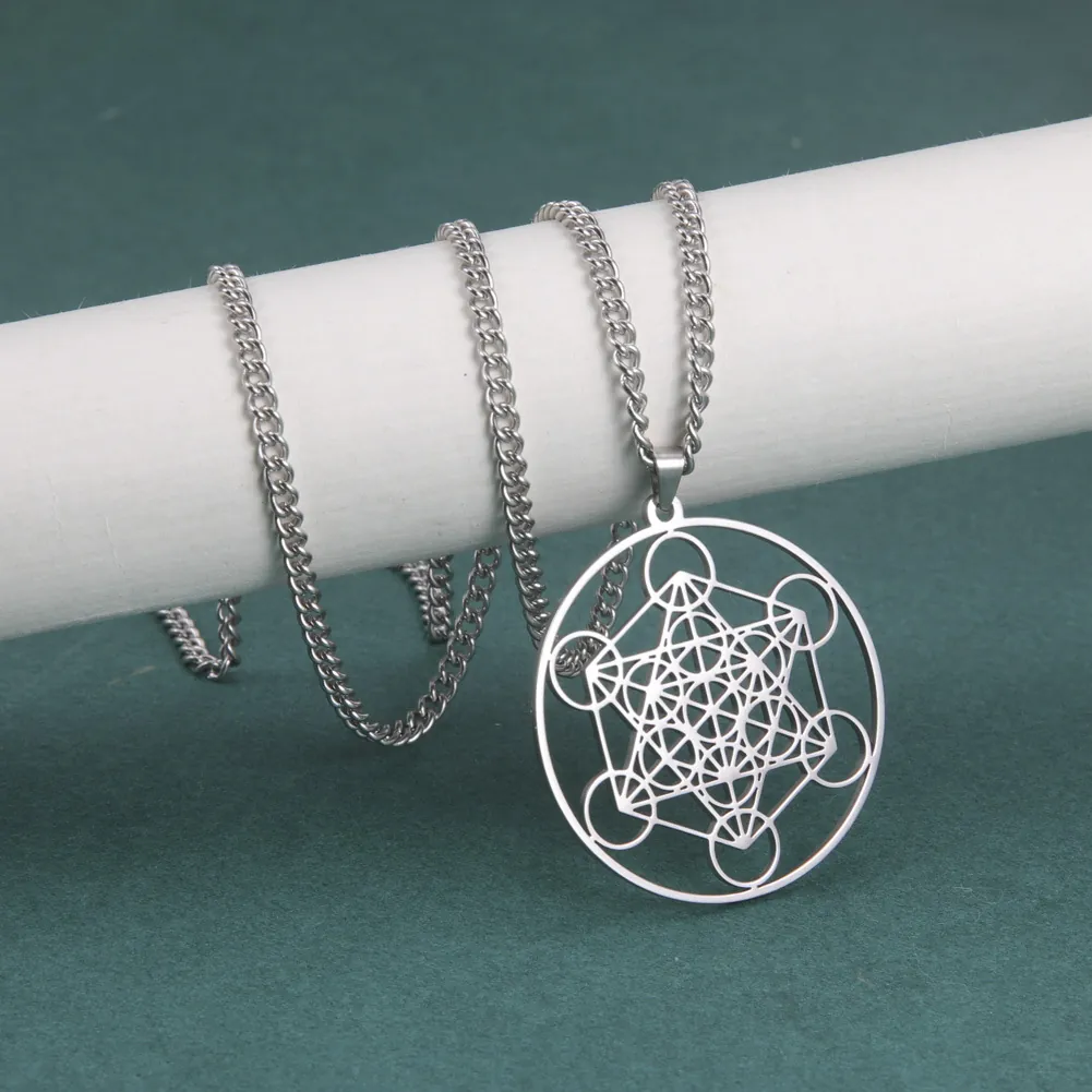 Collier Pendentif Cube de Métatron en Acier Inoxydable Géométrie Sacrée de Salomon Bijoux Ronds pour Hommes Femmes Unisexe Cadeau